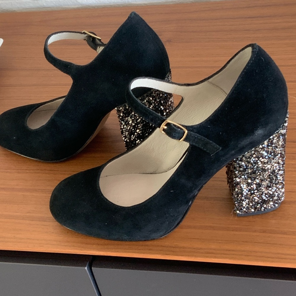 Bettye Muller Black Suede Heels with Glitter Block